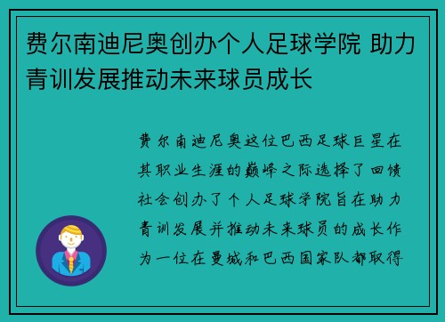 费尔南迪尼奥创办个人足球学院 助力青训发展推动未来球员成长