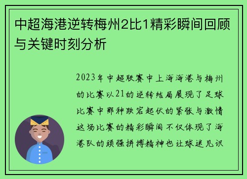 中超海港逆转梅州2比1精彩瞬间回顾与关键时刻分析