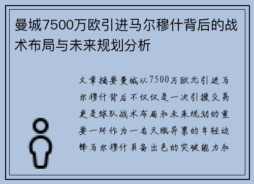 曼城7500万欧引进马尔穆什背后的战术布局与未来规划分析