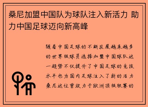 桑尼加盟中国队为球队注入新活力 助力中国足球迈向新高峰