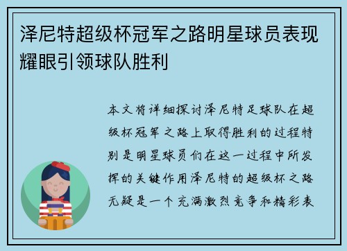 泽尼特超级杯冠军之路明星球员表现耀眼引领球队胜利